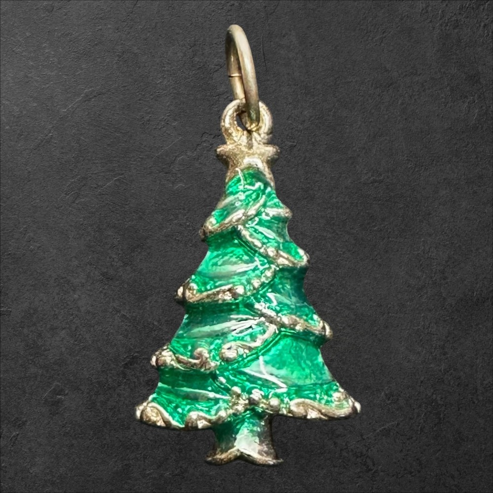 intage Christmas Tree Charm Green Enamel Gold Tone Holiday Pendant